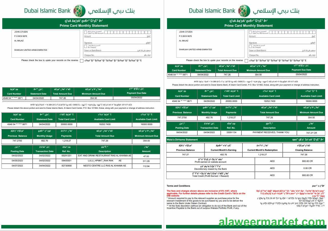 UAE Dubai Islamic bank statement template in Word and PDF format in Arabic language, 3 pages